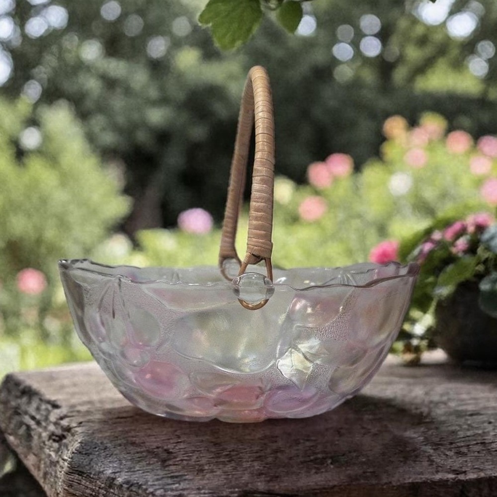 Home Interiors Multicolor Garden Themed Glass Basket Vintage Rattan Handle Decor